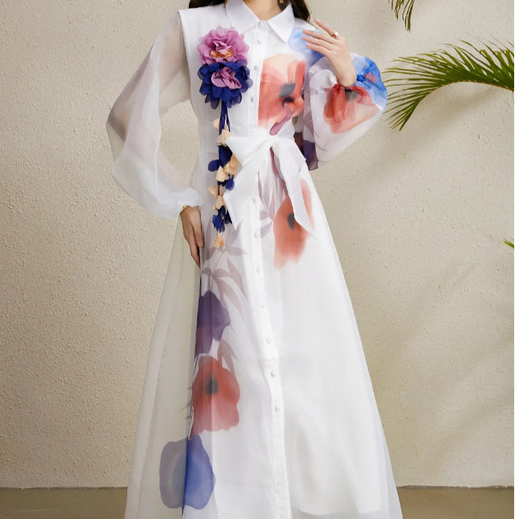 French Court Style Dress Elegant Floral Print Lantern Sleeves Waist Tie Sheer Fabric Perfect for Formal Events