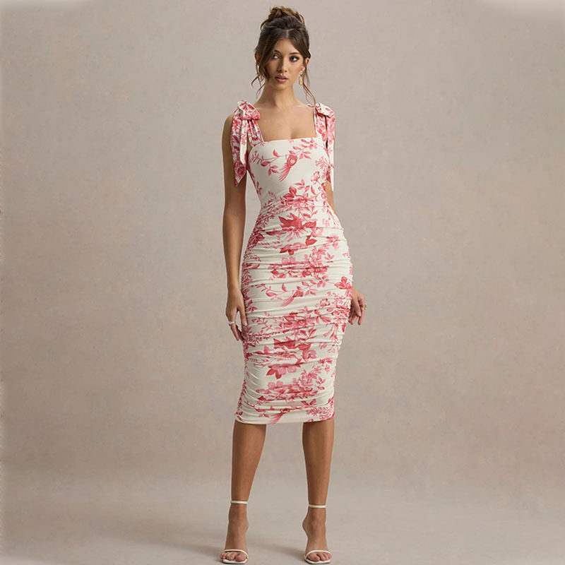 Floral Print Bodycon Dress Fresh and Sweet Design Slim Fit Adjustable Straps Spring Summer Occasion Wholesale