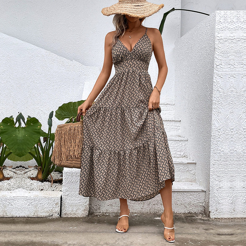Summer Beach Vacation Dress Stylish Geometric Print Sleeveless Lightweight Fabric Perfect for Resort Wear Wholesale