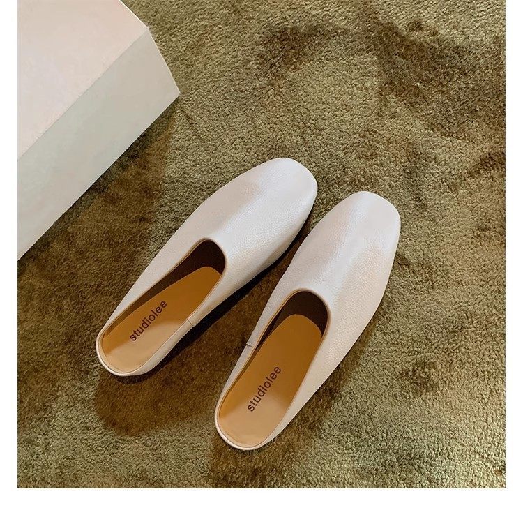 Grape Mom's Same Style Baotou Slip-On Soft Leather Comfortable Mule Half Slippers for Women 2025 Spring and Summer New Style