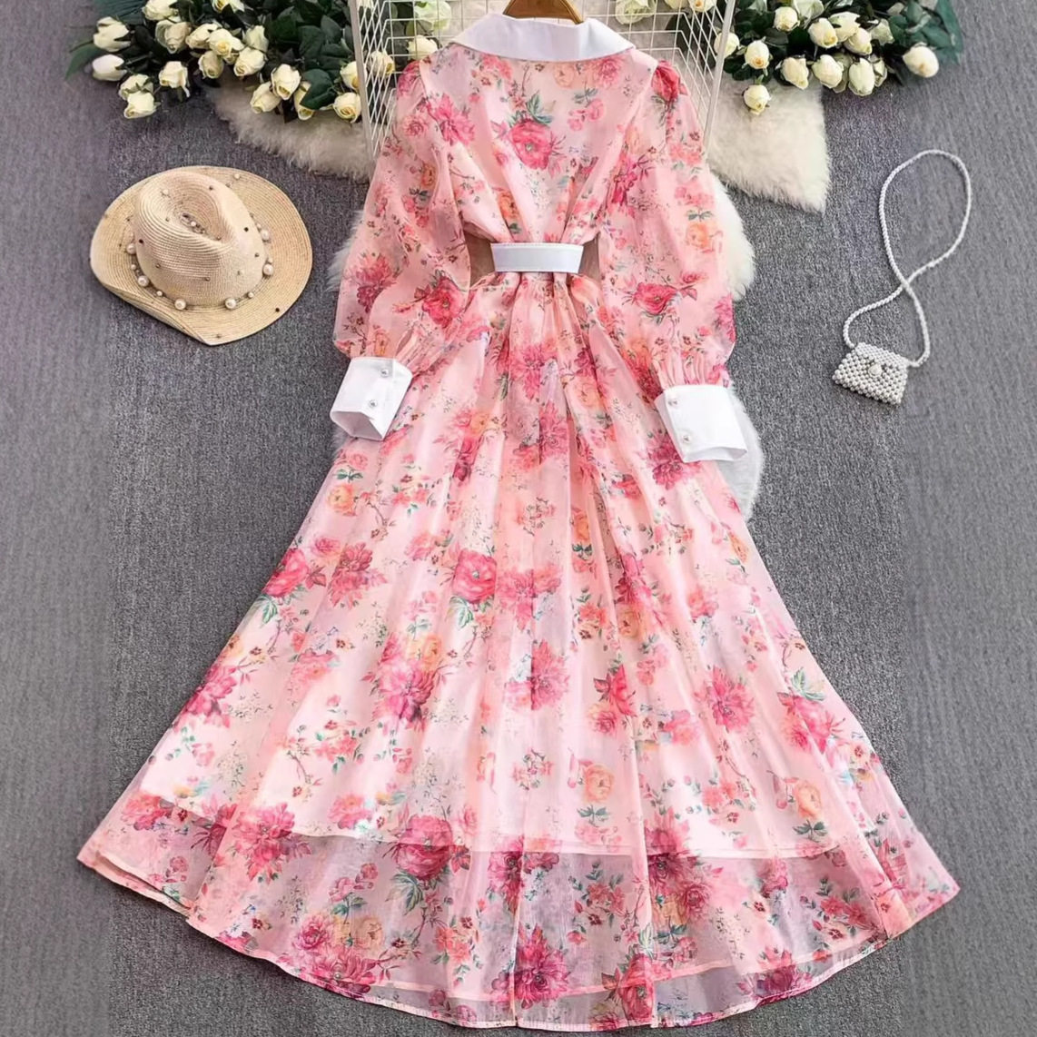 French Romantic Rose Print Lantern Sleeve Dress Elegant Waist Tie Design Flared Hem Perfect for Spring and Autumn