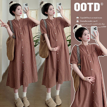 Pregnant Women Summer Dress Trendy Mom Short-sleeved Plaid Shirt dress Loose plus size Casual Pregnancy Skirt Summer Pregnant Women's Skirt