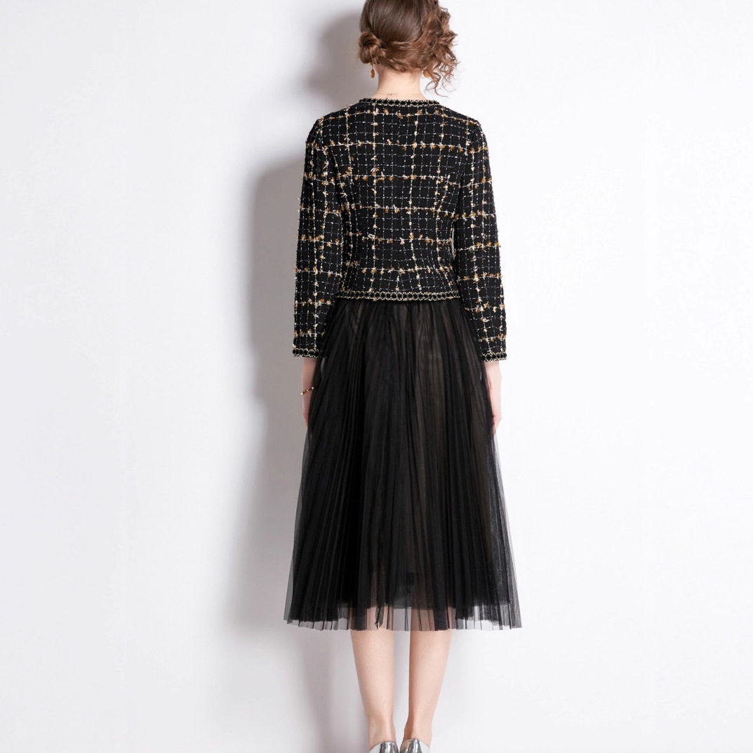 Embroidered Boucle Round Neck Jacket with Bow Top Mesh Midi Skirt Set Elegant Sweet Style for Parties Wholesale