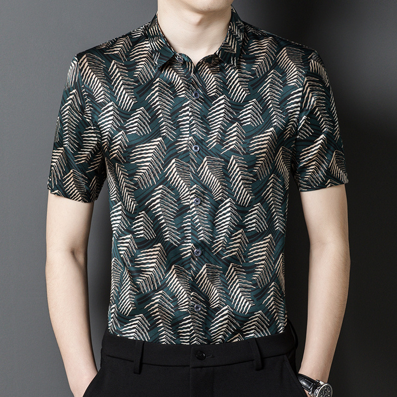 Áo Sơ Mi Nam Chất Liệu Lụa Tơ Tằm Ngắn Tay Họa Tiết Hoa Kín Cổ Hàng Mùa Hè Trung Niên