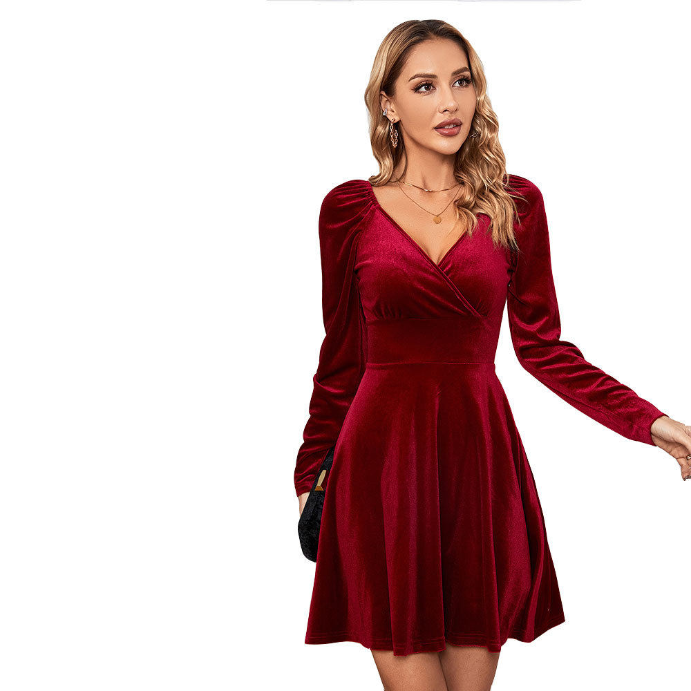 V Neck A Line Dress Waist Defining Velvet Fabric Elegant Design Autumn Winter Party Wear Wholesale Available