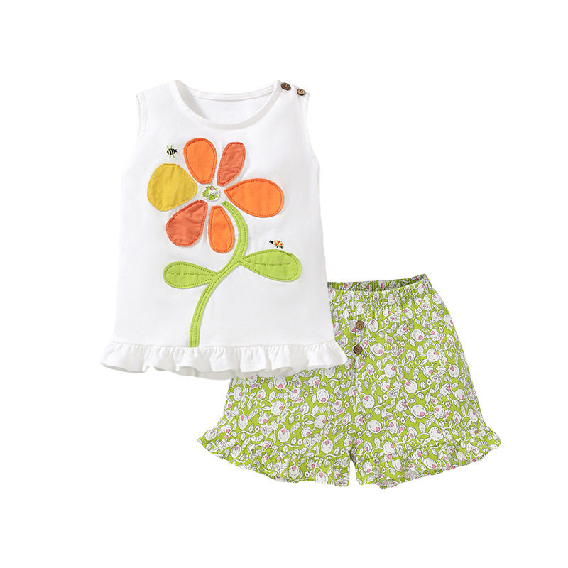 Girls' Cute Floral Two-Piece Set, Summer Casual Kids' Wear