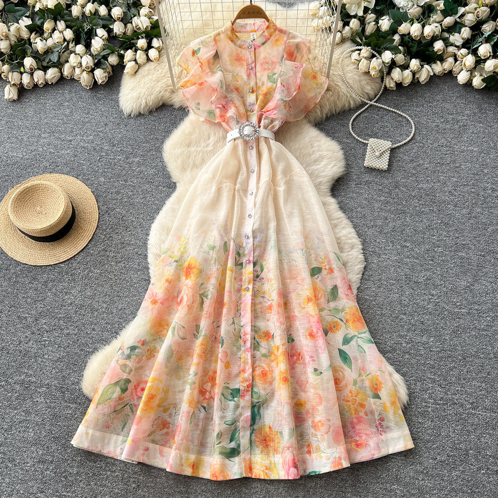 French Country Style Floral Sleeveless Dress High Waist A Line Slim Fit Summer Casual Wear for Work Wholesale