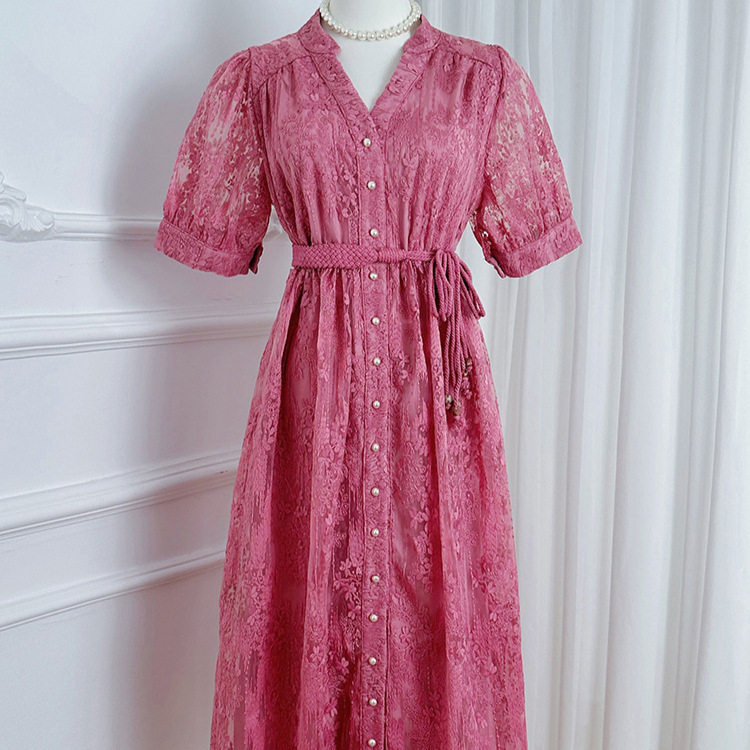 French Elegant Maxi Dress Summer Fashion Embroidered Lace Waist Tie Button Closure Perfect for Parties and Events