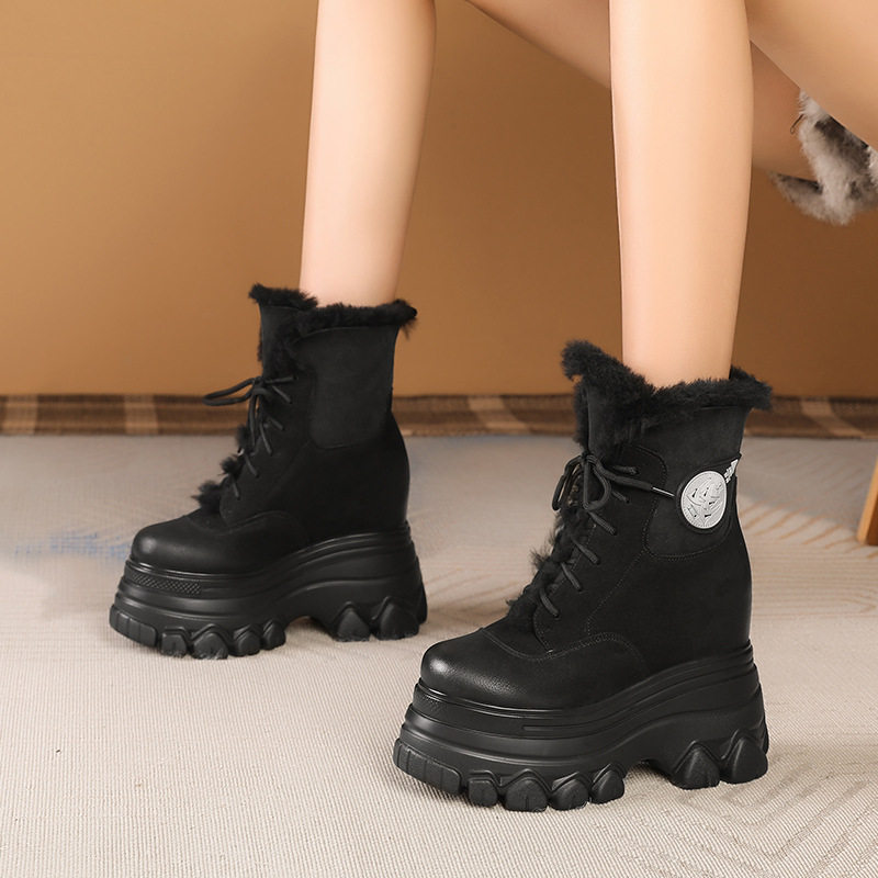 Boot Nữ Cổ Lông Đế Dày Chiều Cao Đế Khoảng 12cm Da Mờ Màu Nâu, Đen