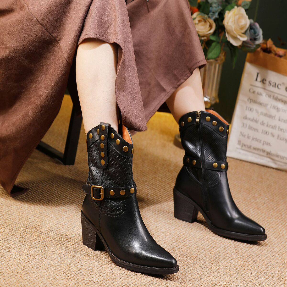 Boot nữ da bò thật cổ trung, mũi nhọn gót vừa phong cách cao bồi — màu đen, màu xám