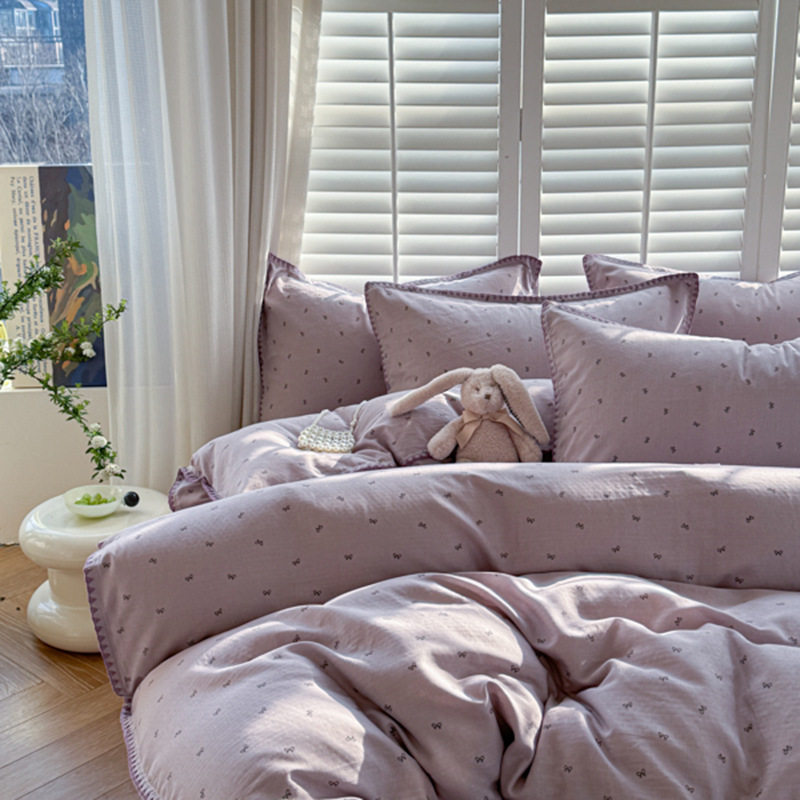 Small fresh class a cotton double-layer yarn bed four-piece set ins dormitory cotton quilt cover bed sheet shell edge four-piece set