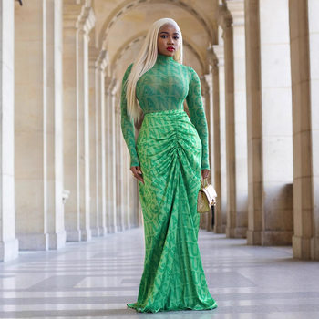 Y6050 cross-border European and American women's autumn and winter new mesh top pleated slim dress two-piece Amazon