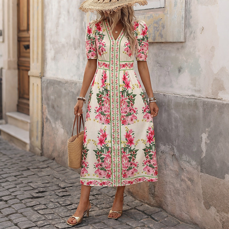 Vintage Floral Print Midi Dress Waist Defined Bohemian Style Comfortable Fabric Perfect for Spring and Summer Events