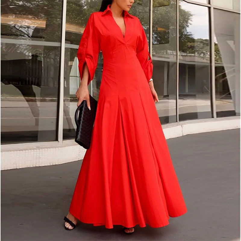Womens Summer Dress Elegant Solid Color V Neck Pleated Design Perfect for Casual or Formal Occasions Wholesale