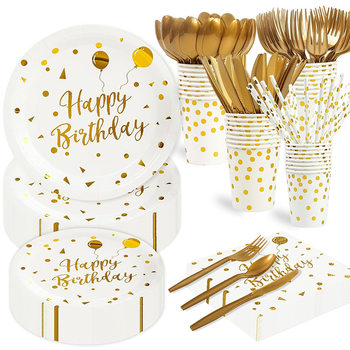 White Bronzing Birthday Disposable Cake Plate Disposable Paper Cup suit in stock Wholesale Party Disposable Tableware