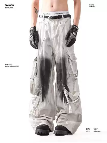 American High Street Design Inkjet Ribbon Distressed Pants Unisex 2026 New Workwear Jeans Loose Wide-Leg Pants