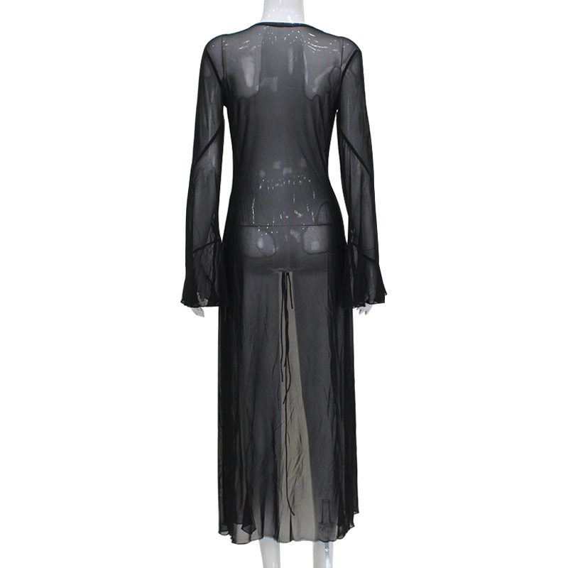 Sheer Mesh Long Cardigan Dress Ruffled Edges Tie Closure Sexy Style Perfect for Parties and Night Out Wholesale