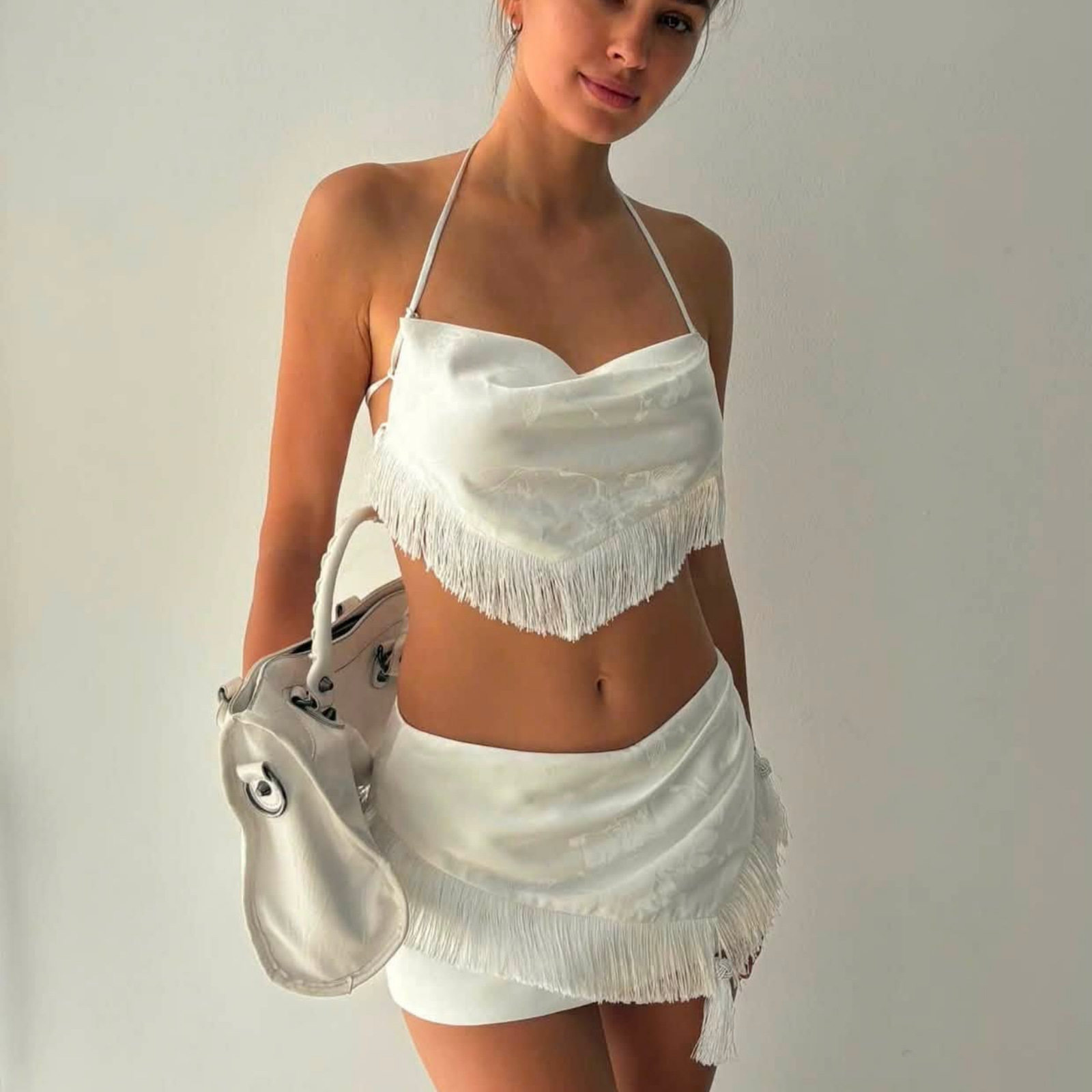 French Style Womens Summer Set Halter Neck Tassel Top Bodycon Skirt Elegant Occasion Wear Wholesale Available