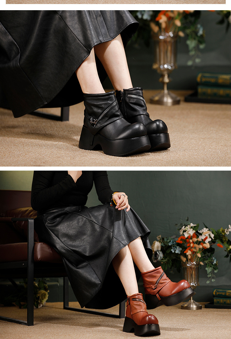 Boot nữ cổ ngắn da bò thật đế dày tăng chiều cao, thiết kế tối giản cá tính — màu đen, Màu nâu
