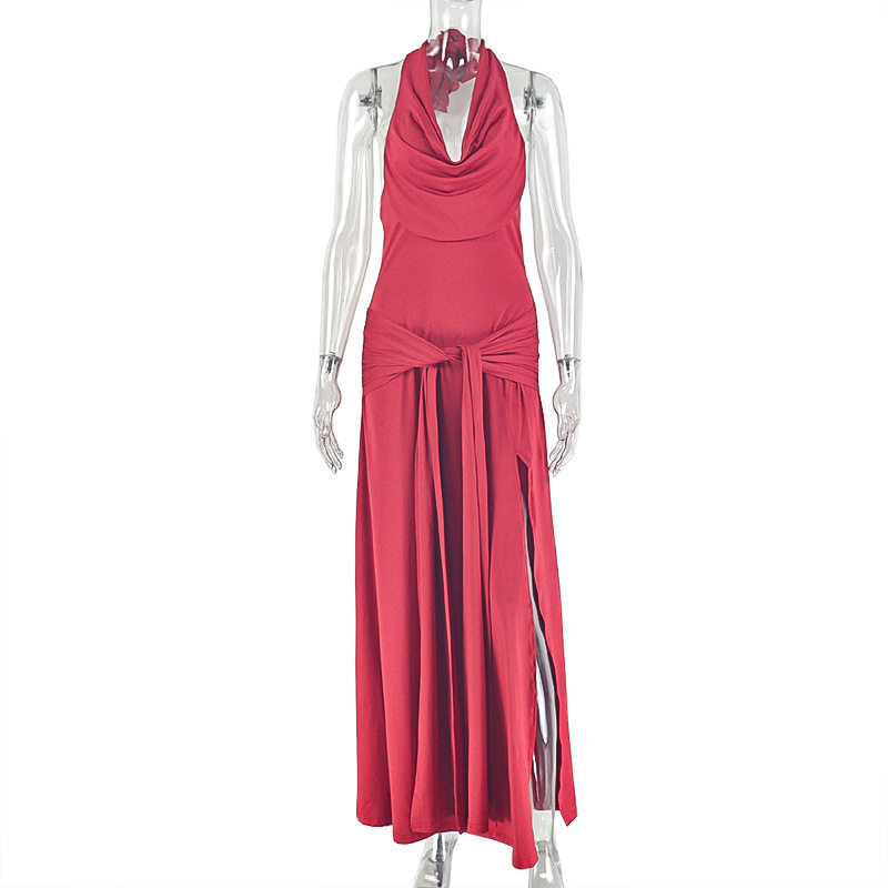 Elegant Solid Color Bodycon Maxi Dress with Side Slit Waist Cinching Design Ruffled Neckline Perfect for Parties and