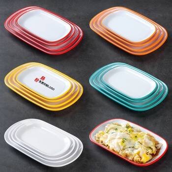Two-Color Oval Plate Rectangular Snack Plate Hot Pot Side Dish Barbecue Plate Commercial Melamine Rice Roll Plate Barbecue Plate