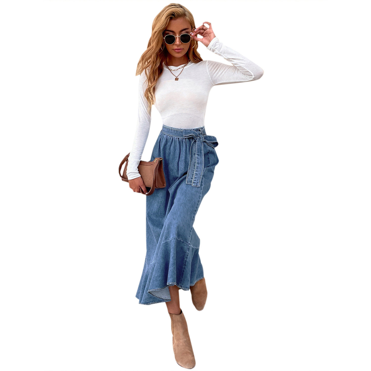 High Waisted Denim Skirt Mid Length Ruffled Hem Pleated Design Casual Wear for Women Wholesale Available