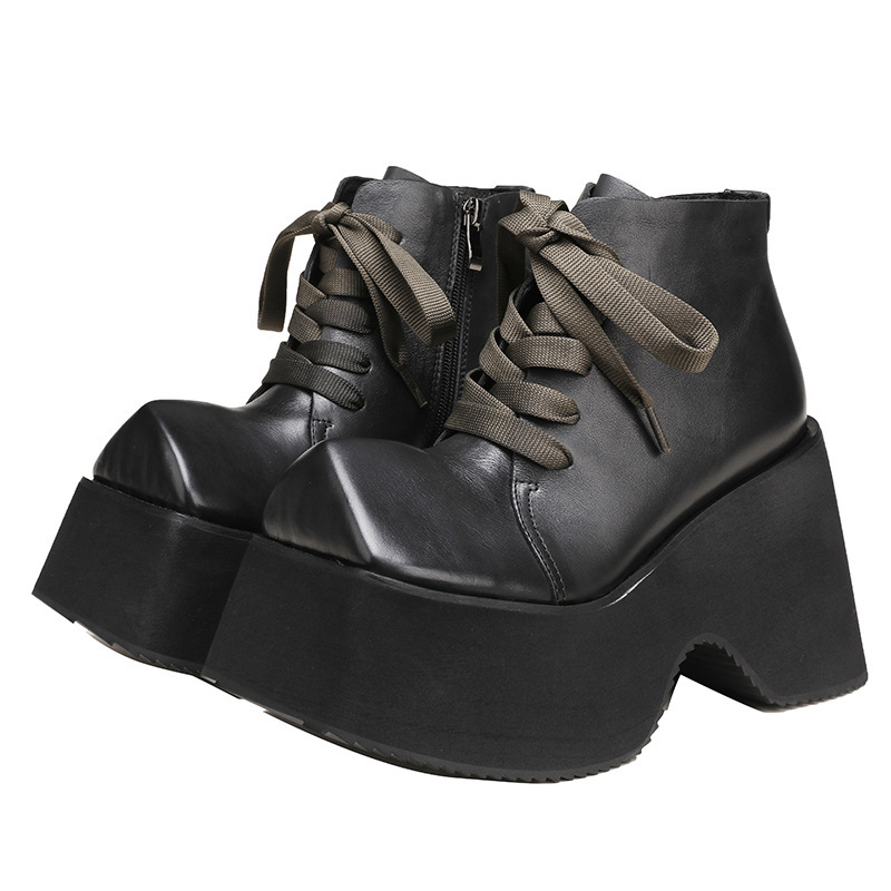 Boot Martin nữ cổ ngắn đế dày 10cm mũi vuông da bò thật buộc dây — Màu đen