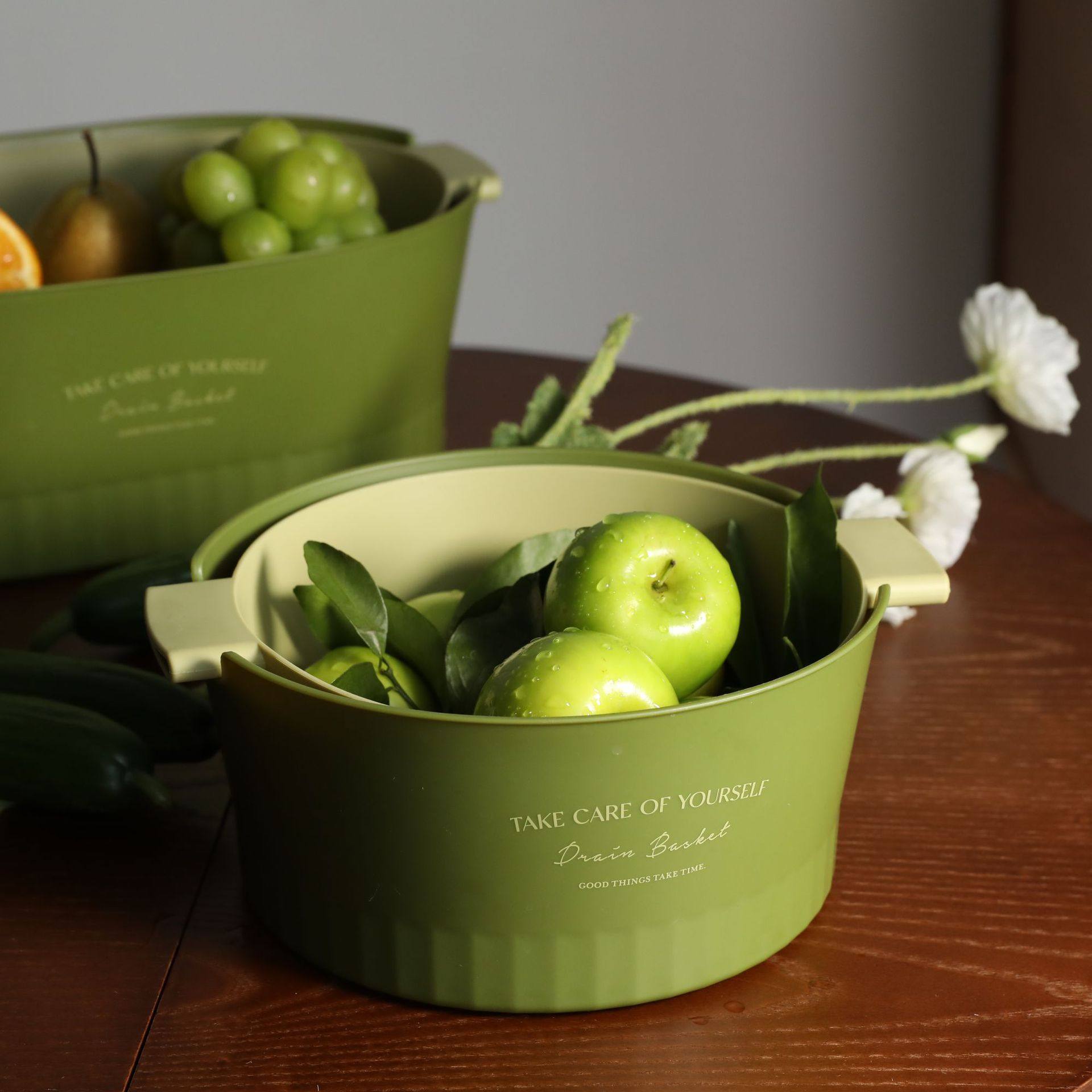 Japanese Style Simple Double Layer Fruit and Vegetable Draining Basket Household Kitchen Cleaning Draining Basket Plastic Fruit Basket Washing Vegetable Basket