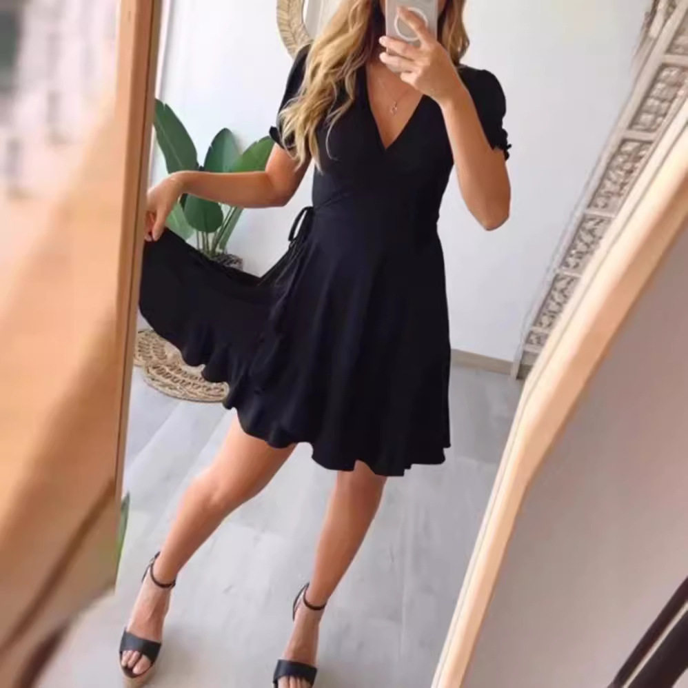 Summer Womens Dress Solid Color Short Sleeve V Neck Ruffle Hem Casual Wear for Parties or Daily Outings OEM