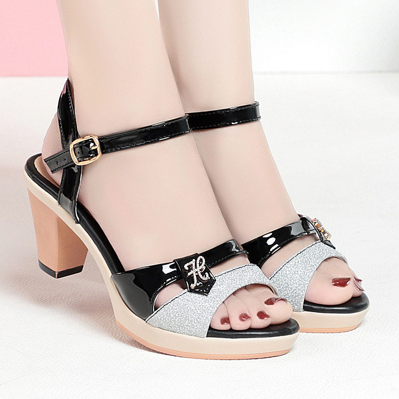 Giày Sandal Cao Gót Nữ Quai Hậu Da Bóng Gót Cao 8cm Màu Xanh Dương, Đen, Nâu, Cam