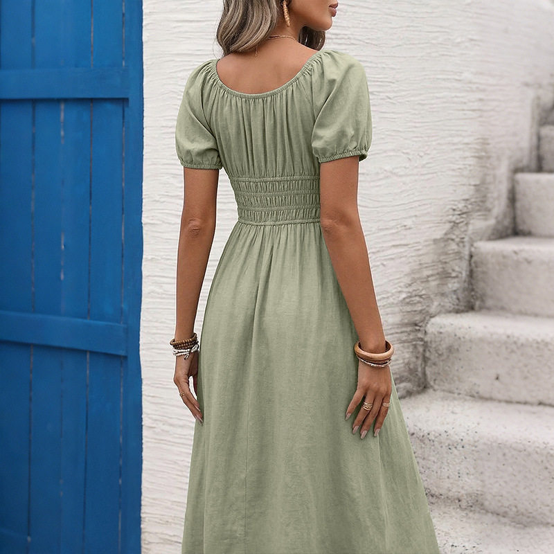 French Vintage Style Square Neck Short Sleeve Dress Solid Color Waist Defined Summer Fashion Wholesale Available