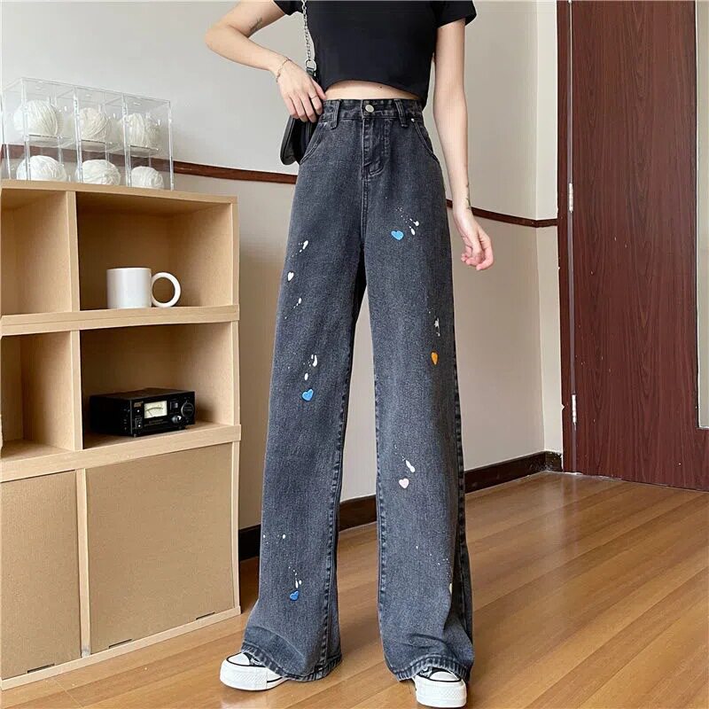 High Waisted Loose Fit Denim Pants Vintage Ink Splash Heart Design Casual Spring Fall Wear Wholesale Available