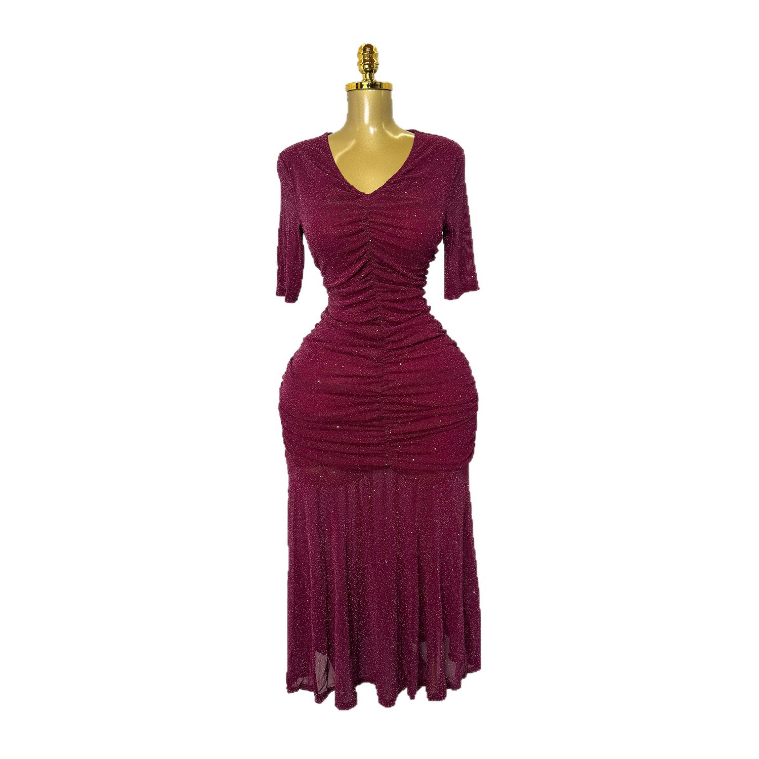 Elegant Womens Summer Dress Stretchy Mesh Pleated V Neck High Waist Slim Fit Perfect for Formal Occasions