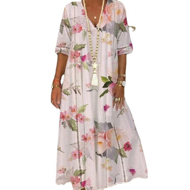 Summer Womens Long Dress Floral Print Lace Trim Elegant Style Perfect for Casual Outings Wholesale Available