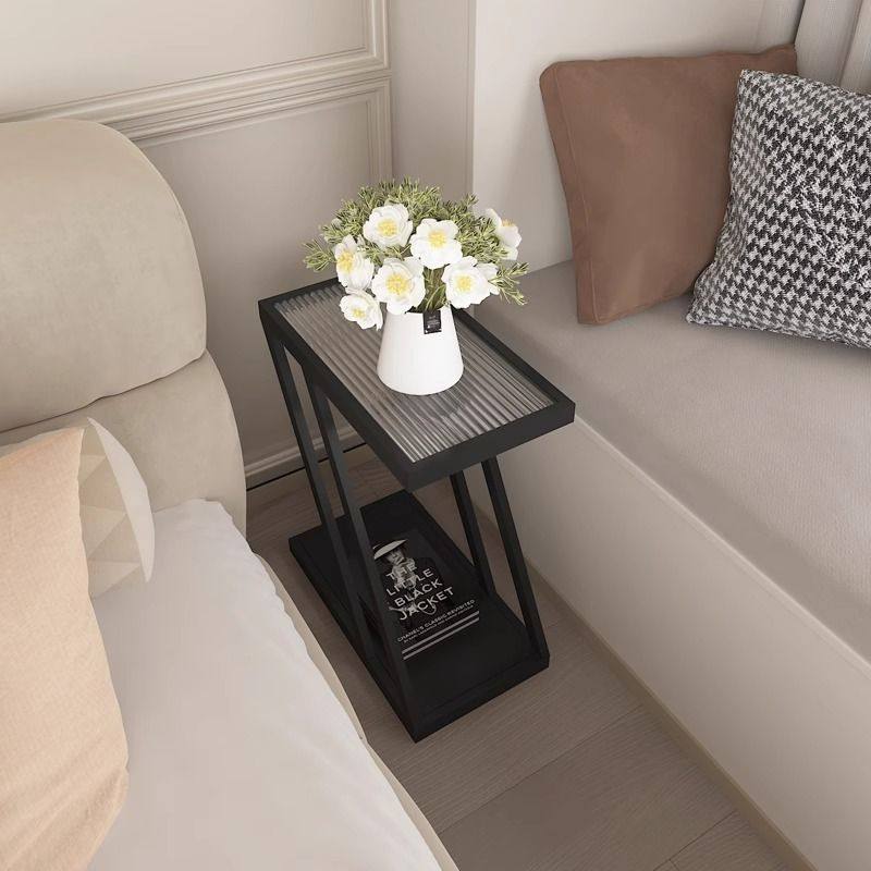 Living Room Sofa Side Table Changhong Glass Floor-Standing Storage Rack Iron Ultra-Narrow Bedside Table Small Narrow Corner Table