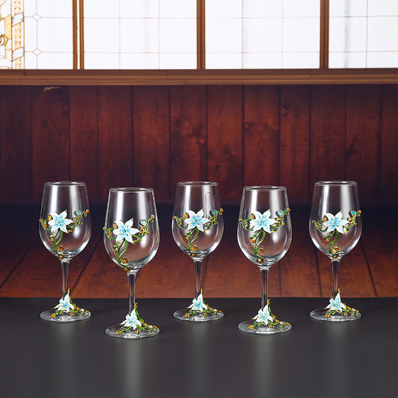 Factory Direct Sales European-Style Lily Enamel Red Wine Glass Crystal Glass Goblet Wine Glass Decanter Set