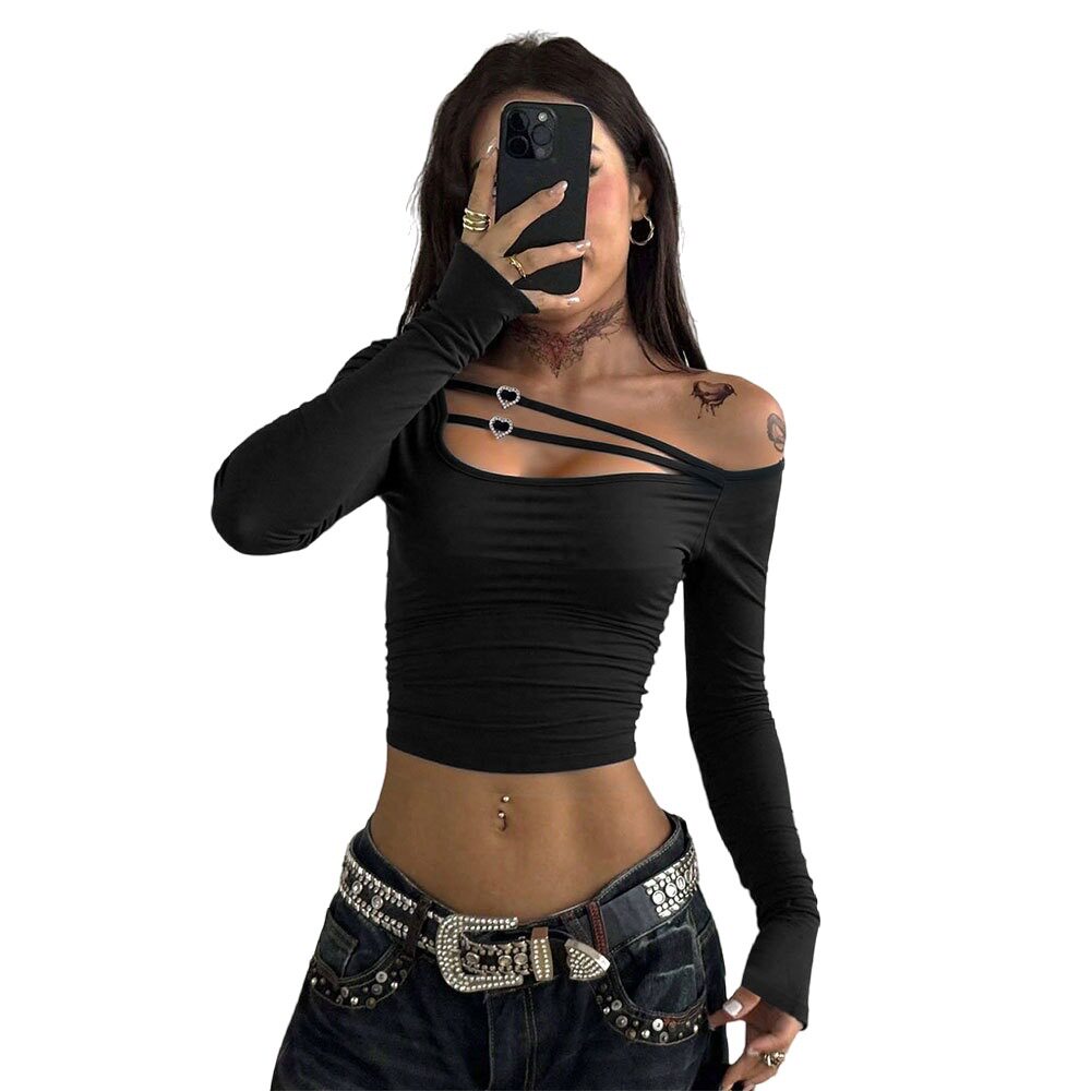 Black Sexy Off Shoulder Crop Top Hollow Cross Strap Design Trendy for Parties or Night Out Wholesale Available