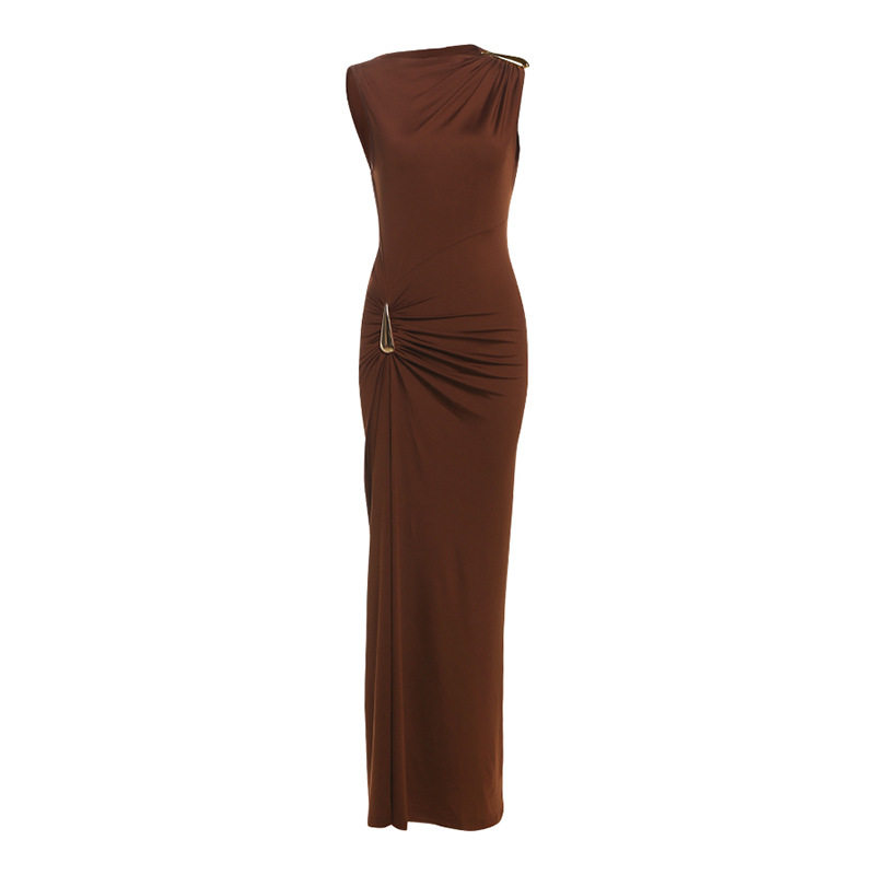 Sleeveless Bodycon Dress Solid Color Metallic Accents Side Slit Autumn Fashion for Women Wholesale Available