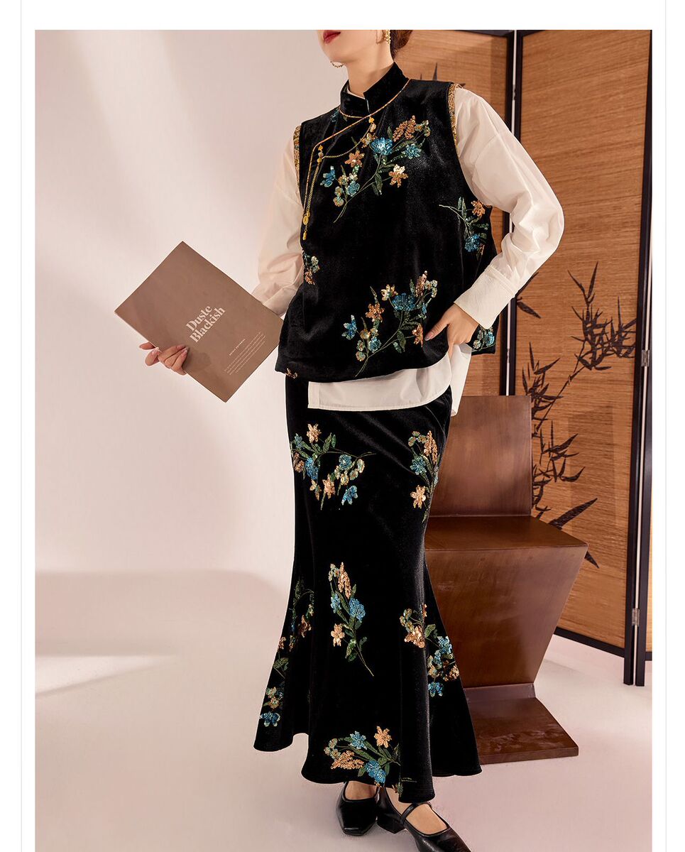 Bộ vest và chân váy dài dáng đuôi cá thêu hoa đính sequin sang trọng — Váy thêu (giao hàng trong 7 ngày), Váy thêu (giao hàng trong ngày), Áo vest thêu (giao hàng trong 7 ngày), Áo vest thêu (giao hàng trong ngày)