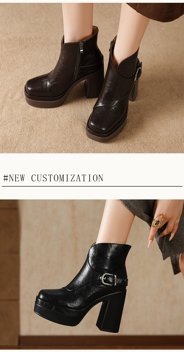 Boot nữ gót cao 12cm da bò cổ ngắn khóa kéo bên hông — màu đen, Màu nâu
