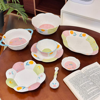 Girls' High-value Flower-color Ceramic Rice Bowl Hand-painted Household Dish Double-ear Bowl Underglaze Color Tableware suit