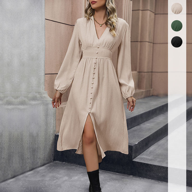 Fashionable Womens Solid Color Long Sleeve Split Dress Elegant Design Versatile for Spring and Autumn Wholesale