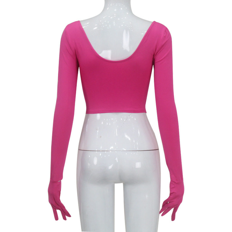 Fashionable Womens Top Sexy U Neck Long Sleeve Slim Fit Corset Style Trendy Short Length with Gloves Wholesale
