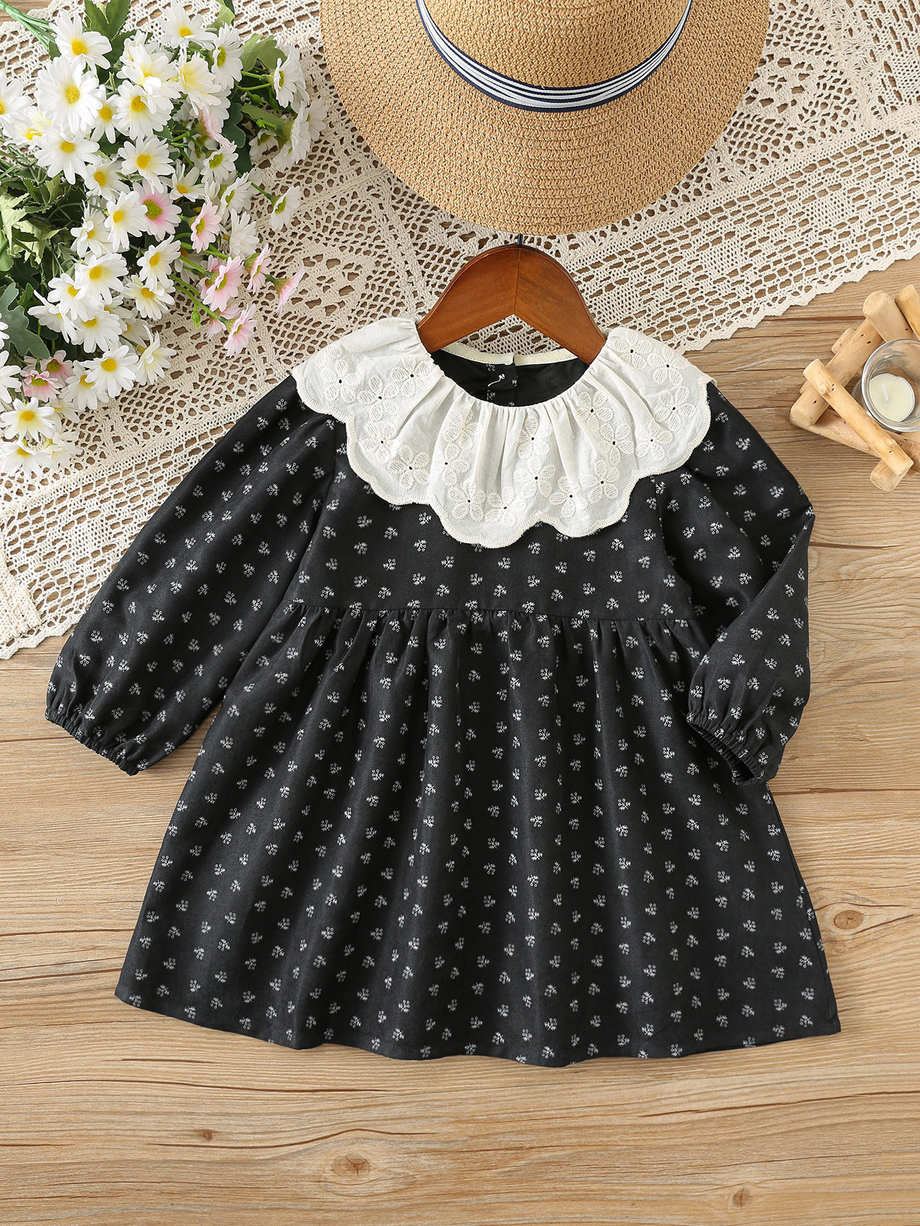 lace lapel floral girls' dress long-sleeved sweet children's princess dress