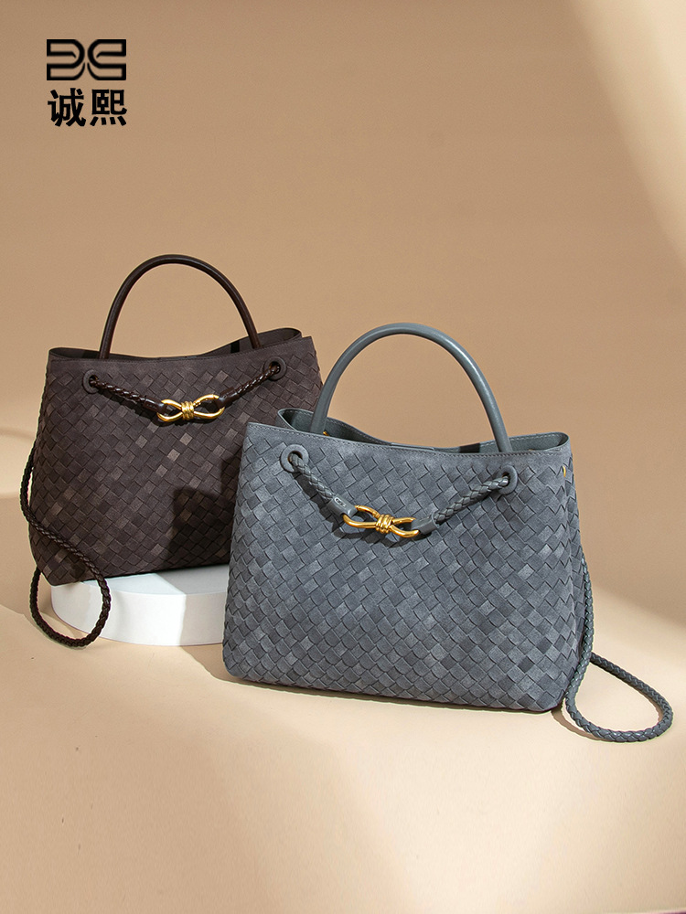 Túi tote nữ cỡ lớn đan thủ công chất liệu PU phối da lộn, đeo vai hoặc đeo chéo — Y1783 # kaki