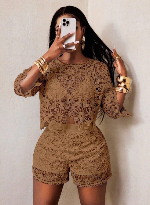 Womens Two Piece Set Solid Color Hollow Lace Slim Fit Elegant Design Perfect for Fall Occasions Wholesale