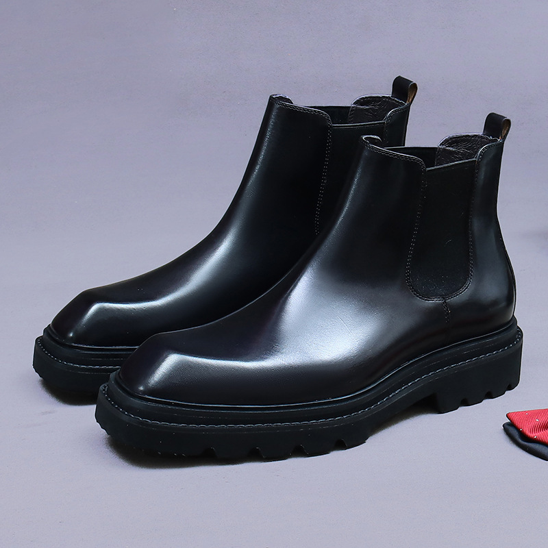 Boot Chelsea nam da bò cổ thấp đế dày phong cách công sở — Lớp lót lông cừu màu nâu cà phê, Màu đen, Lót lông cừu màu đen, Màu cà phê