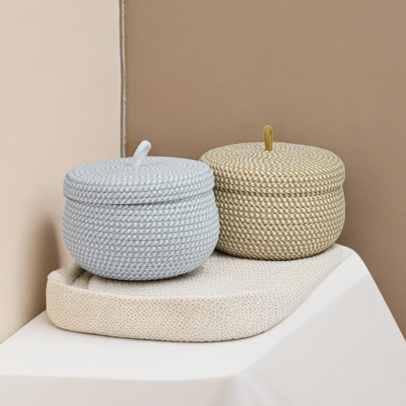 Desktop Storage Basket with Lid Dustproof Cosmetics Snacks Sundries Round Storage Basket Handmade Cotton Rope Woven Egg Basket