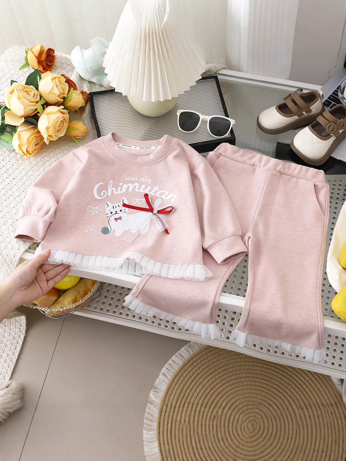 Girls' Cartoon Printed Hoodie Set, Spring & Autumn Sweet Lace Wide-Leg Pants Two-Piece Outfit