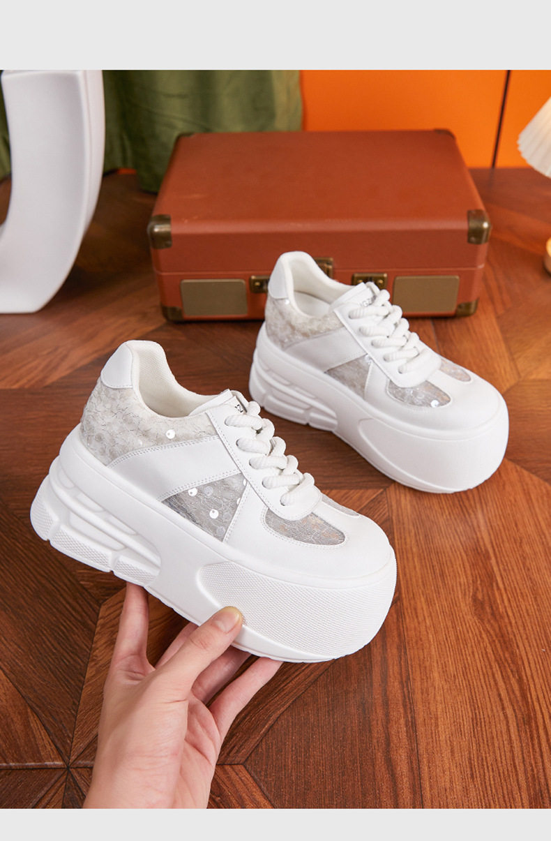 Giày sneaker nữ đế dày chunky lưới thoáng khí, tăng chiều cao, phong cách đa năng — Trắng, Bạc chi tiết 12